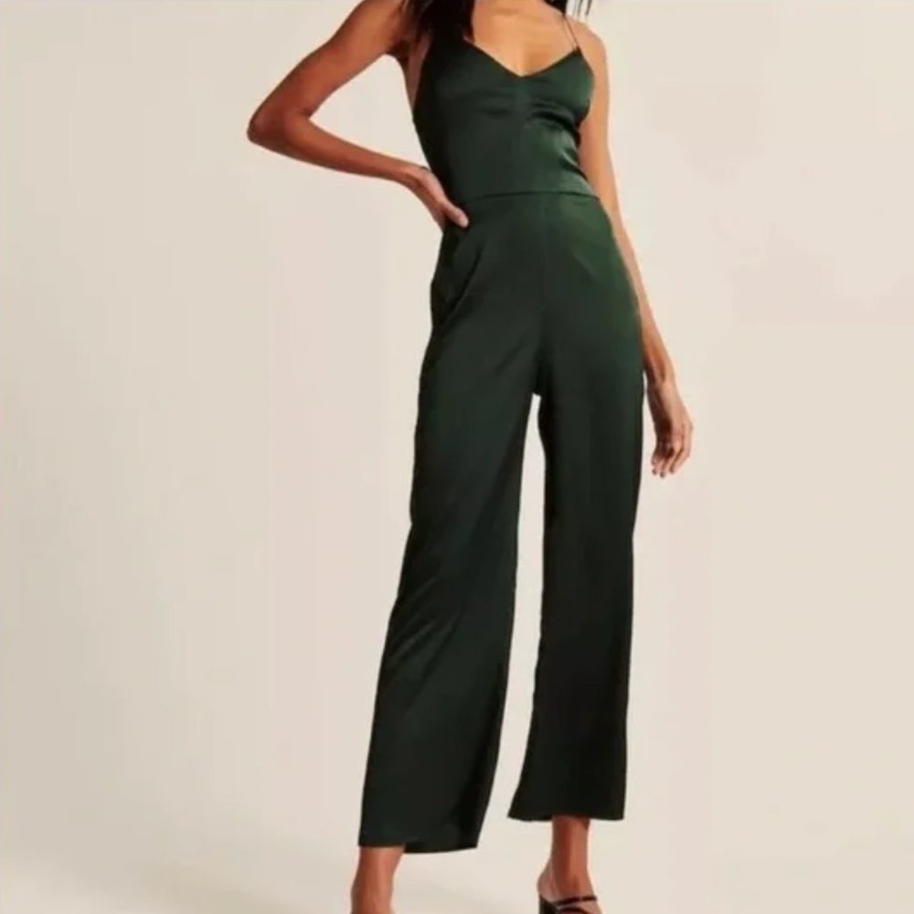 XXSP abercrombie satin wide leg jumpsuit dark green